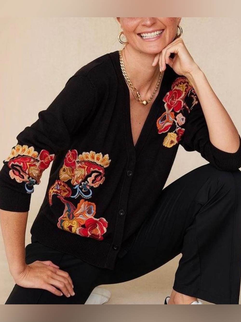Chico’s Black Embroidered Floral Cardigan Sz 2 (Large/12)